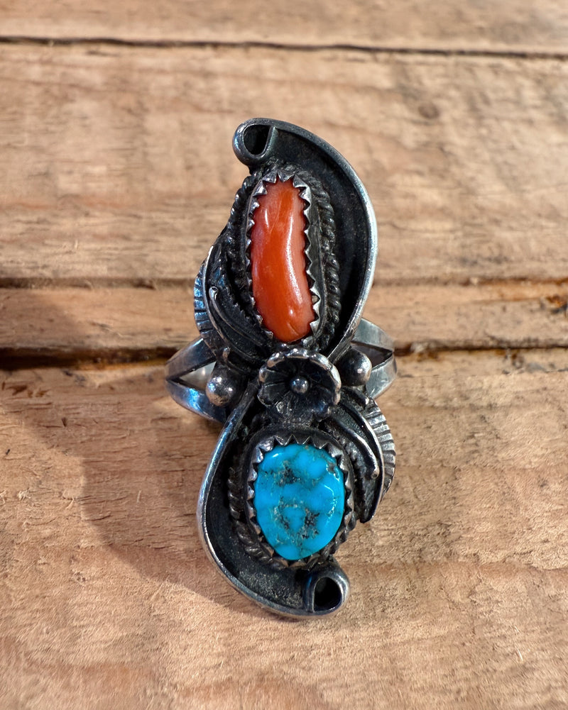 Sterling Silver Navajo Coral/Turquoise Ring