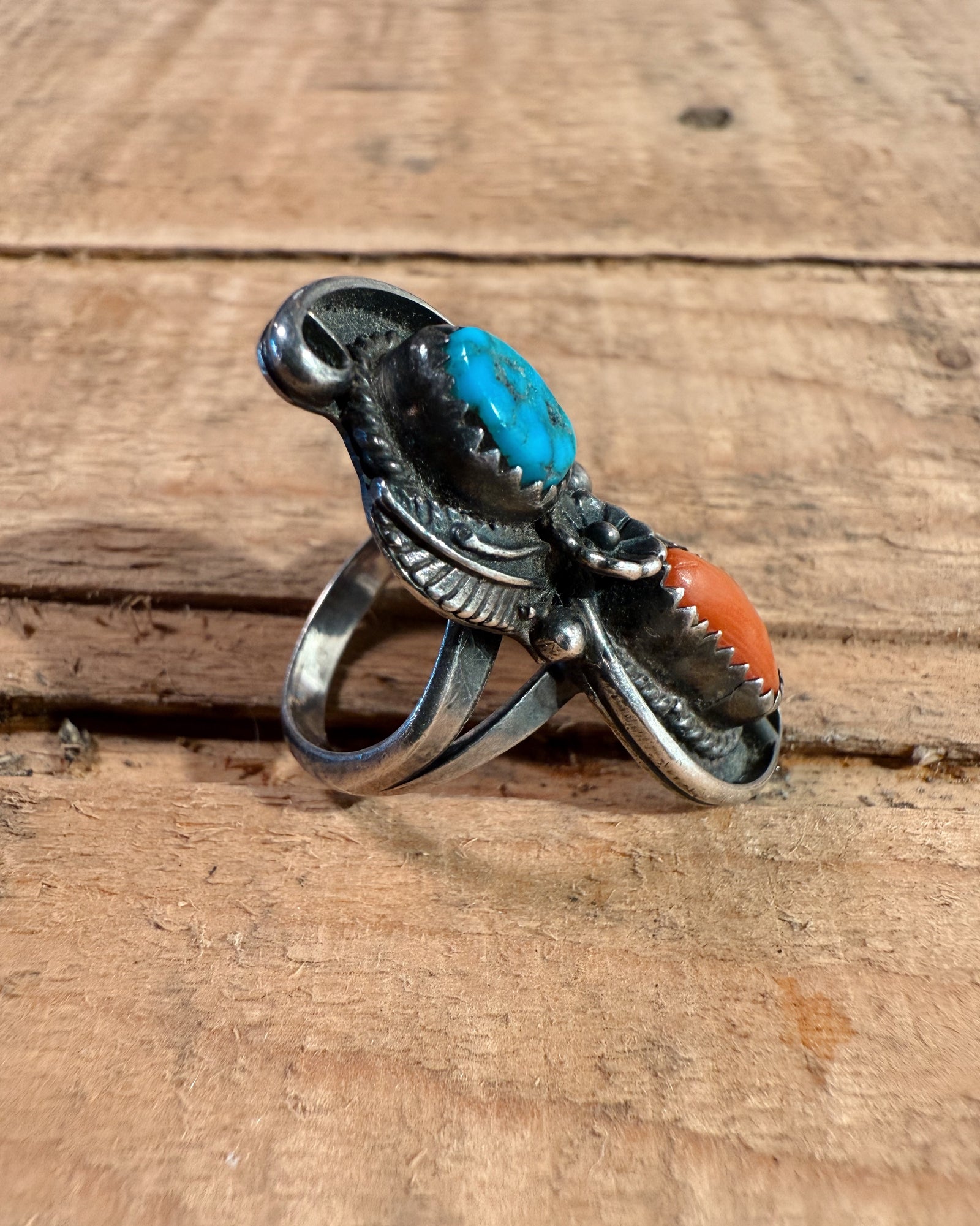 navajo sterling silver ring ess 刻印 Sterling Silver Navajo Coral Ring | Steel City Brand | Antique Metal