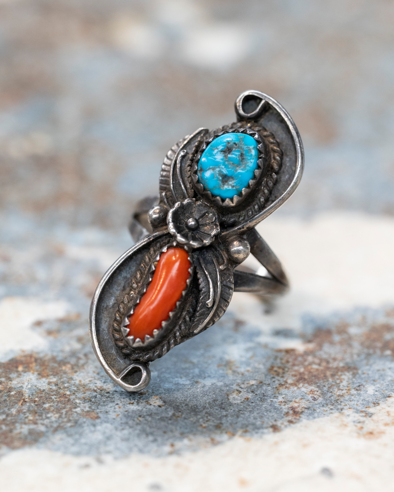 Sterling Silver Navajo Coral Ring | Steel City Brand | Antique Metal Sterling Silver Navajo Coral Ring | Steel City Brand | Antique Metal