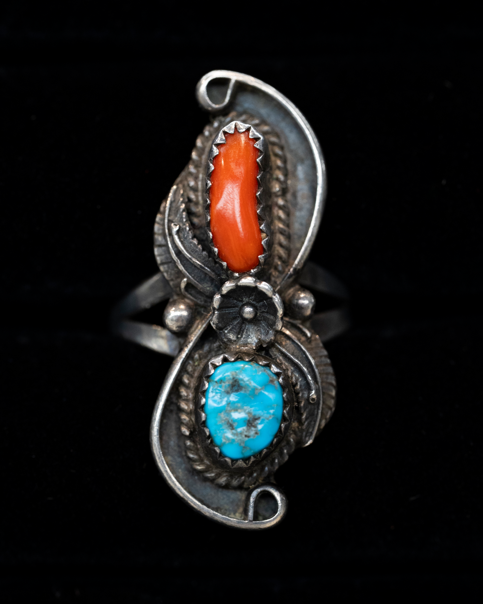 Sterling Silver Navajo Coral Ring | Steel City Brand | Antique Metal