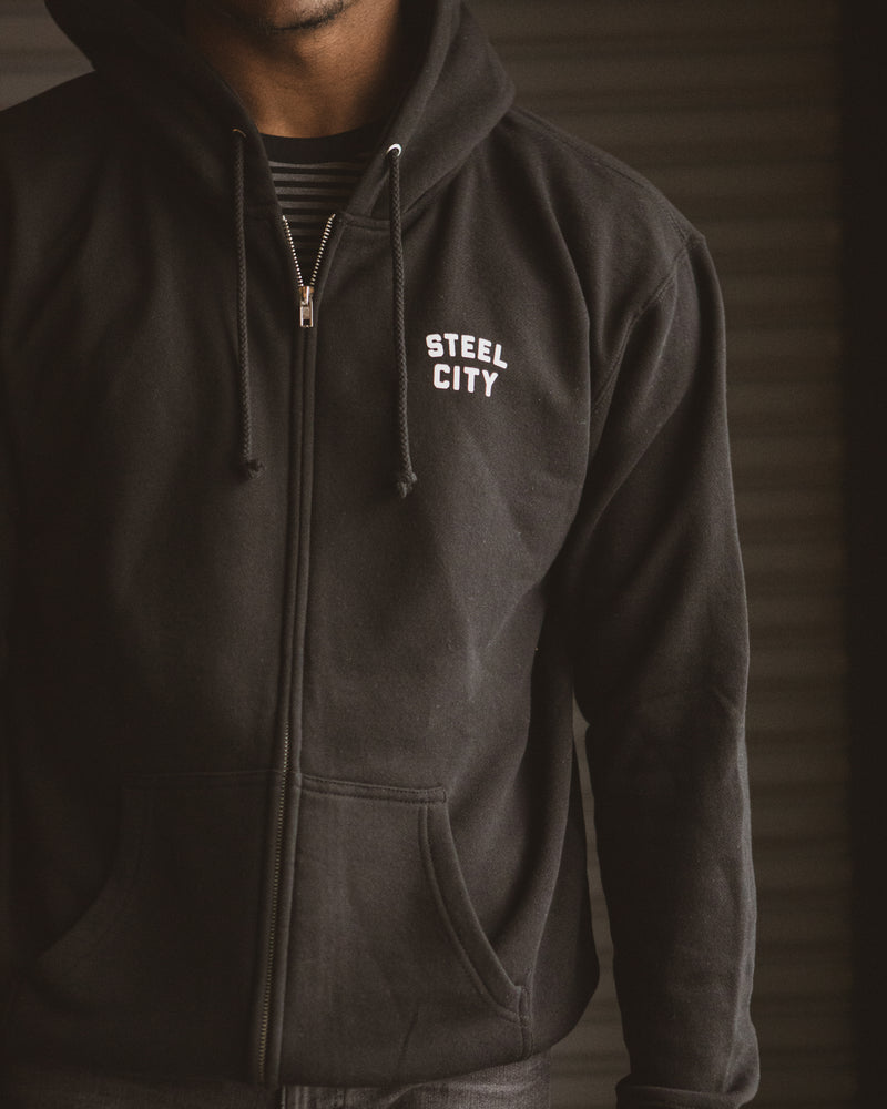 Black Unisex Zip Hoodie w/ White Steel City Logo on Chest