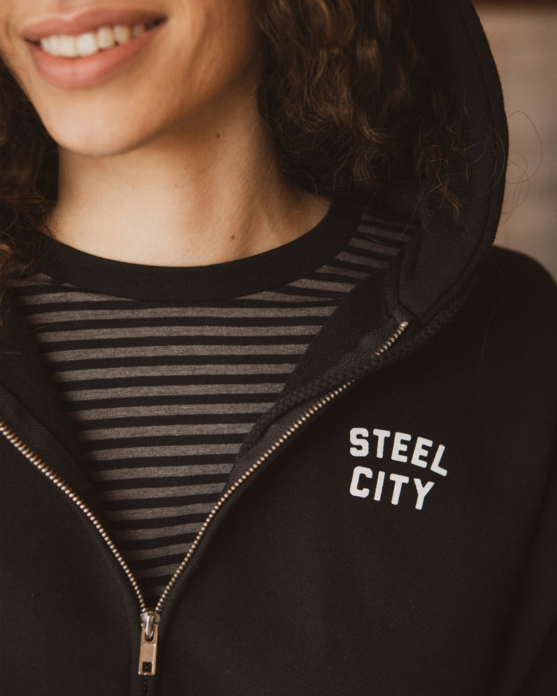 Alternate Detail of Steel City Logo on Unisex Zip Hoodie